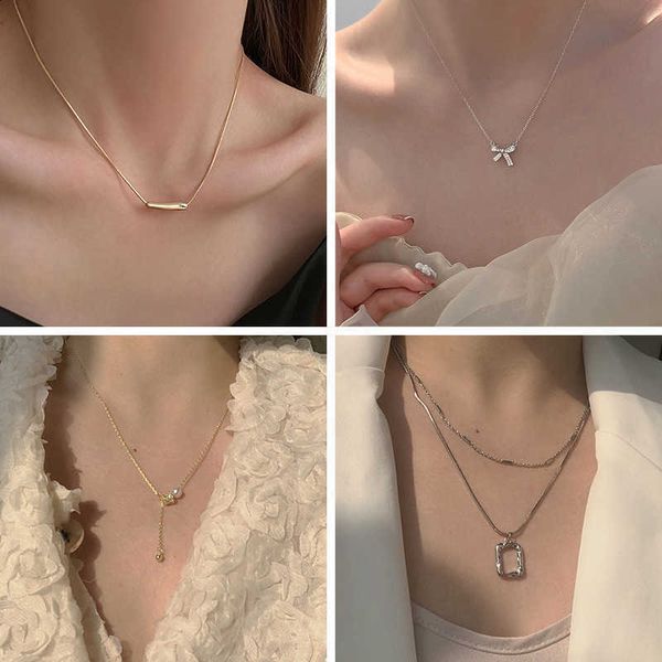 

white combination ins high-level sense necklace female light luxury bow knot minority design sense clavicle, Silver