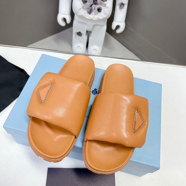 

new 2023 womens mens leather slippers slide summer platform sandals shoes triangle flats sandal women luxury designer slipper, Black