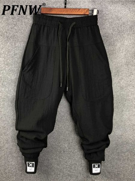 

men's pants pfnw labelling pencil pants niche design style harem pants men's hip hop streetwear elastic waist loose trousers 2023, Black