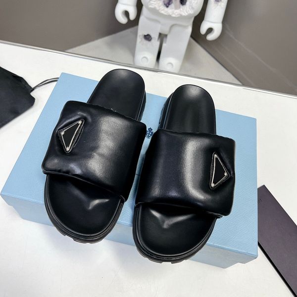 

soft padded nappa leather slippers slides summer platform sandals shoes slip-on triangle logo flats sandal women luxury designers slides sli, Black