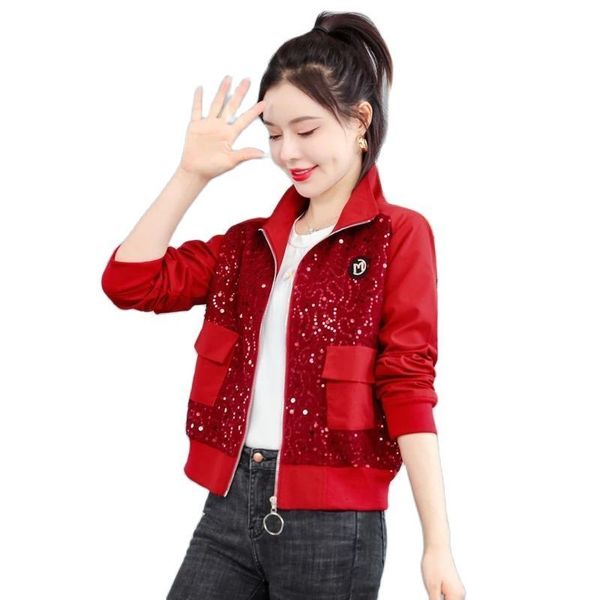 

women s jackets 2023 spring women red chic small fragrance short coat trendy fashion korean loose high end splicing sequin jacket female 230, Black;brown