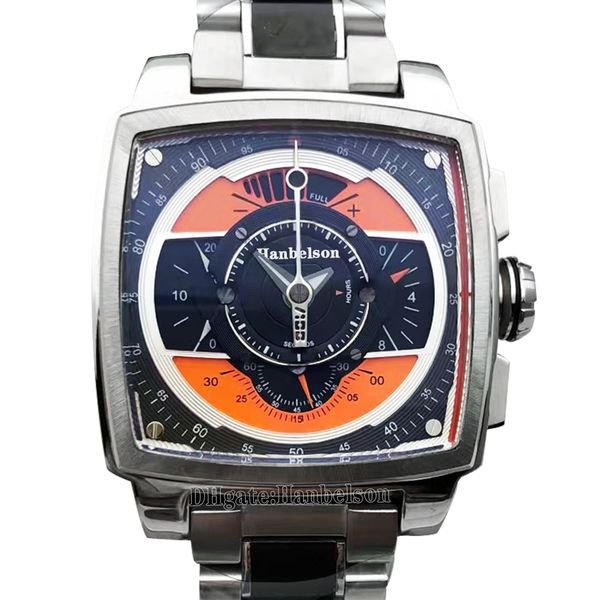 

mens watch square chronograph orange dial 44mm motion steel two tone black stap quartz wristwatch, Slivery;brown