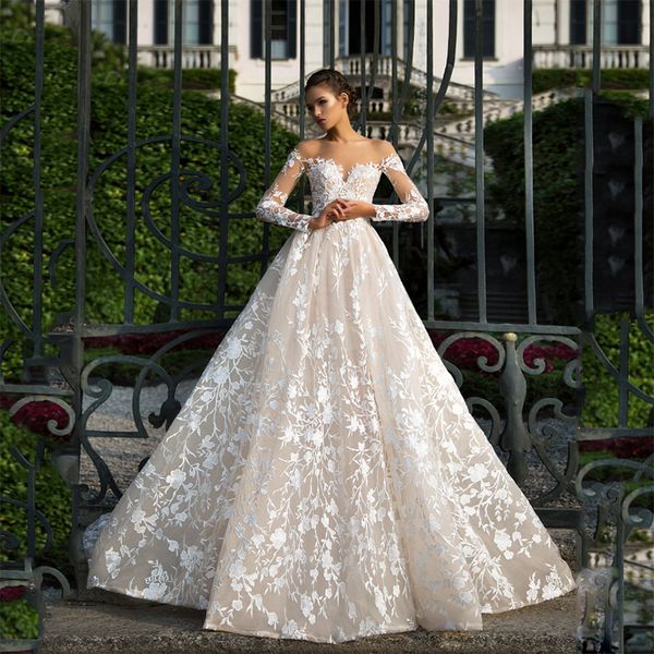 

2023 spring new style bateau wedding dress white long sleeves large trailing backless bridal ball gowns