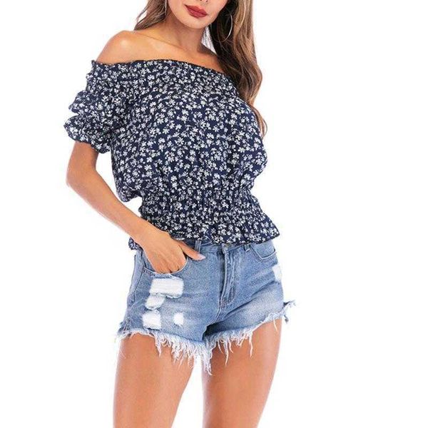 

summer boat neck blue floral shirt short sleeve chiffon french top, White