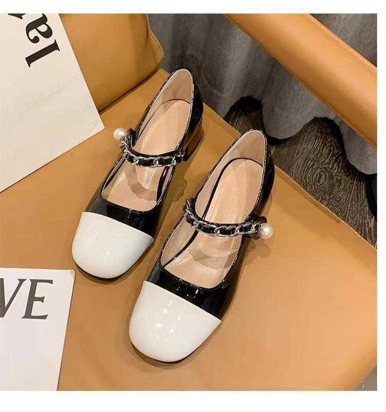 

design fund shoes 22 spring new miu children pearl single fragrant mary jane thick heels small leather shoes, Black