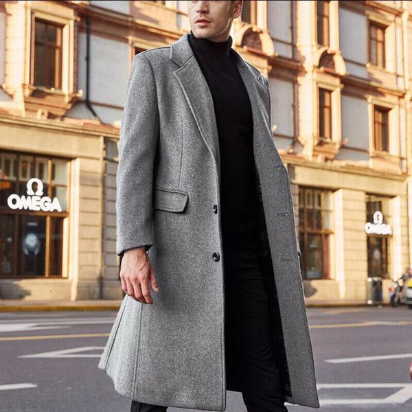 

men's wool blends autumn winter long cotton trench coat solid brand mens cashmere coats fit male woolen peacoat windbreaker street oute, Black