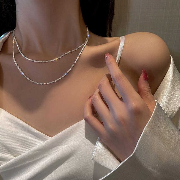

star sparkling necklace women's italian clavicle chain neck chain simple flash plain chain folded design, Silver