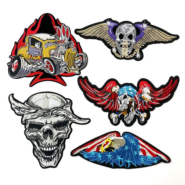

punk embroidered patches sewing notions big size skull biker iron on patch appliques diy t-shirt jacket back badge, Black