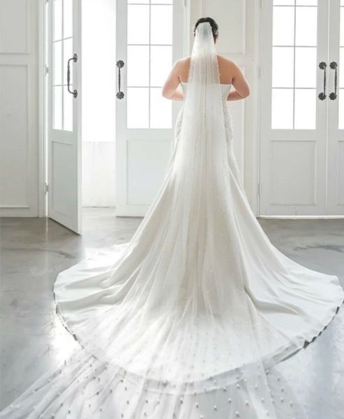 

wedding hair jewelry bridal pearl light ivory cathedral veil 1 layer luxurious soft tulle trim and comb bridal wedding accessories 230225, Slivery;golden