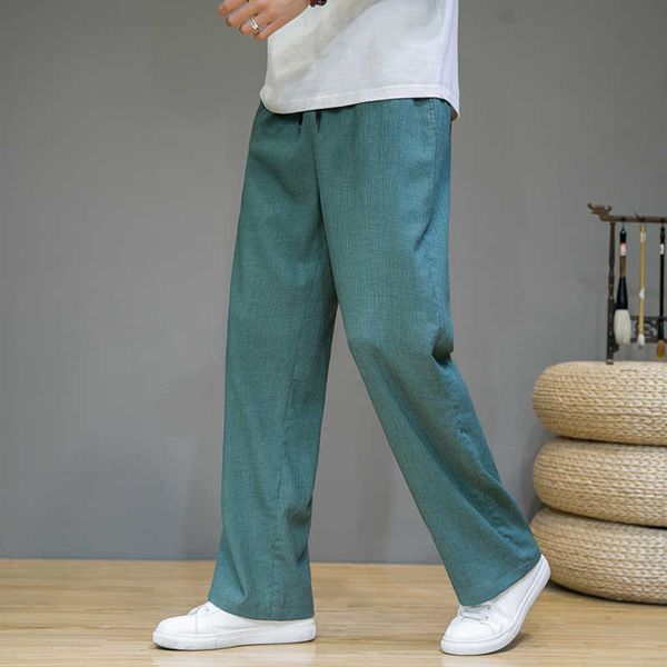 

men's pants summer plus size ice silk loose thin cotton linen drape street men's pants retro straight jogging sweatpants z0225, Black