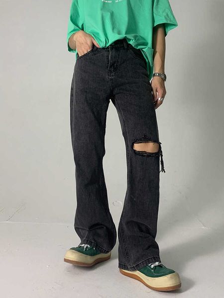 

men's jeans men's loose jeans black and gray tear jeans fashion y2k pants men's casual straight pants ripped jeans men clothi, Blue