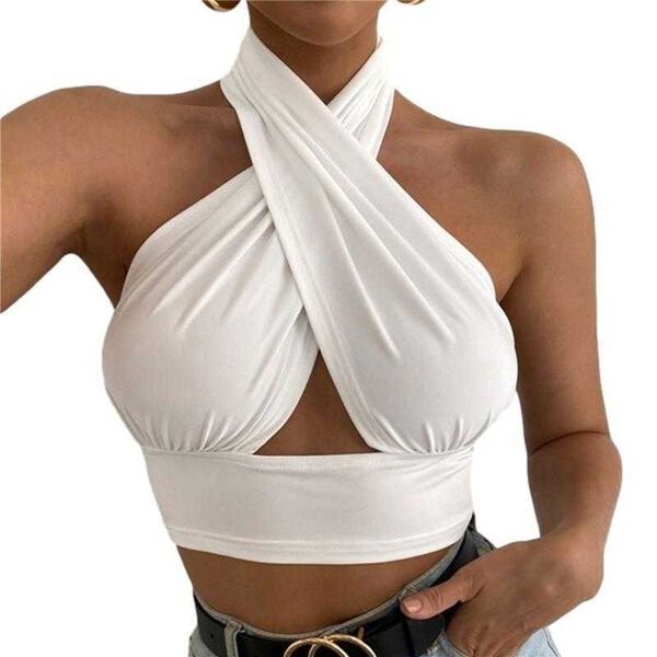

womens summer vest camis solid color cross halter sleeveless backless top, White