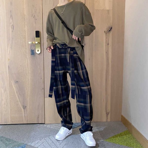 

men's pants houzhou plaid pants plaid trousers male checked trousers straight baggy casual korean harajuku men's fashion pants str, Black