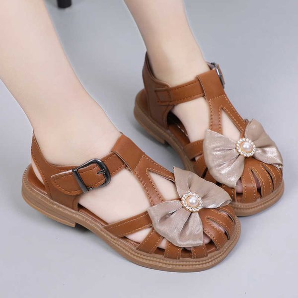 

sandals retro bow girls sandals 2022 summer soft sole closedtoe nonslip beach shoes casual children sandals girls princess shoes flats z0225, Black;red