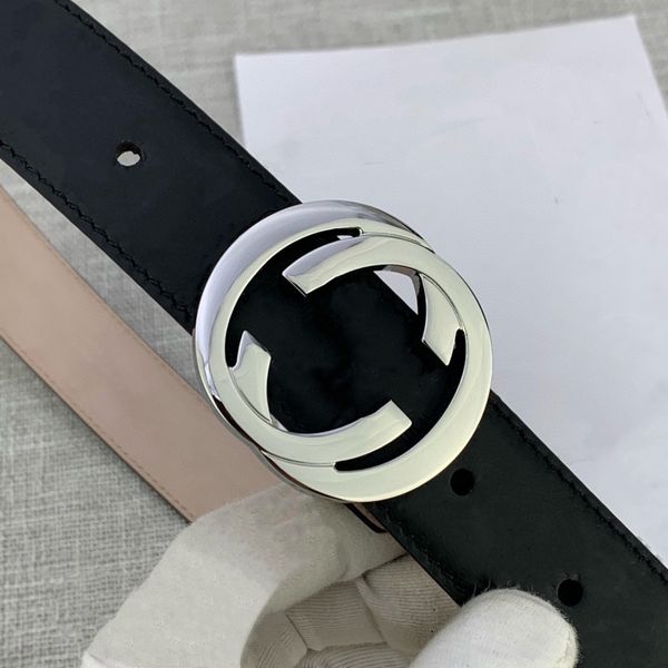

imprinted real leather belts designer interlocking letters silver gold buckle 4 colors white black brown red back side suede