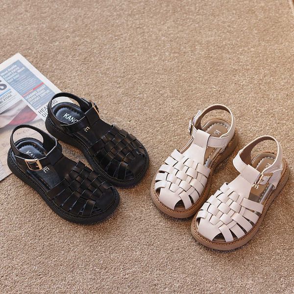 

sandals summer sandals for girls braided wedges hollowout kids sliders solid color 2636 trendy flexiable black biege children shoes z0225, Black;red