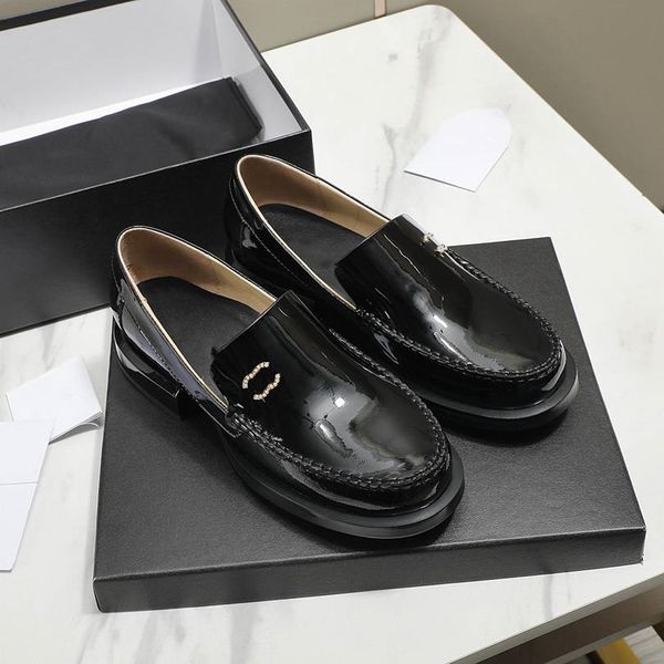 

fashion dress shoes 2023 channel women leather high heel metal buckle letter logo wedding party business casual flat shoes 03-04, Black