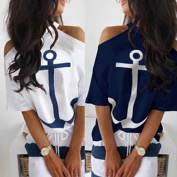 

womens printed left and shirts right symmetrical off shoulder casual t shirt, White