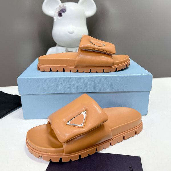

soft padded nappa leather slippers slide summer platform sandals shoes slip-on triangle flats sandal women luxury designer slides slipper fa, Black