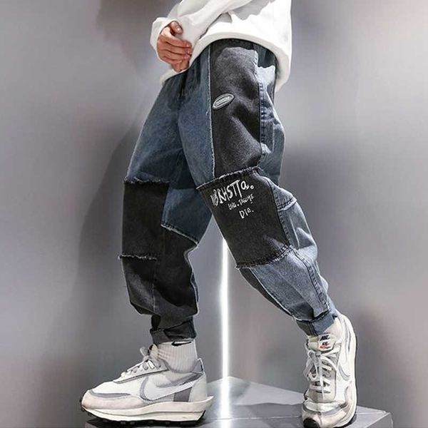 

men's pants houzhou hip hop patchwork jeans men grunge denim trousers male loose casual pants ankle japanese streetwear spliced vintage, Black