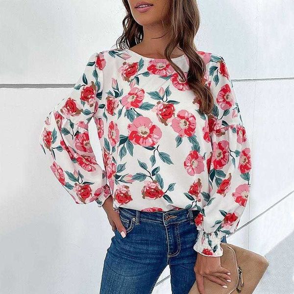

autumn and winter commuter printed shirt womens round neck lantern sleeve, White