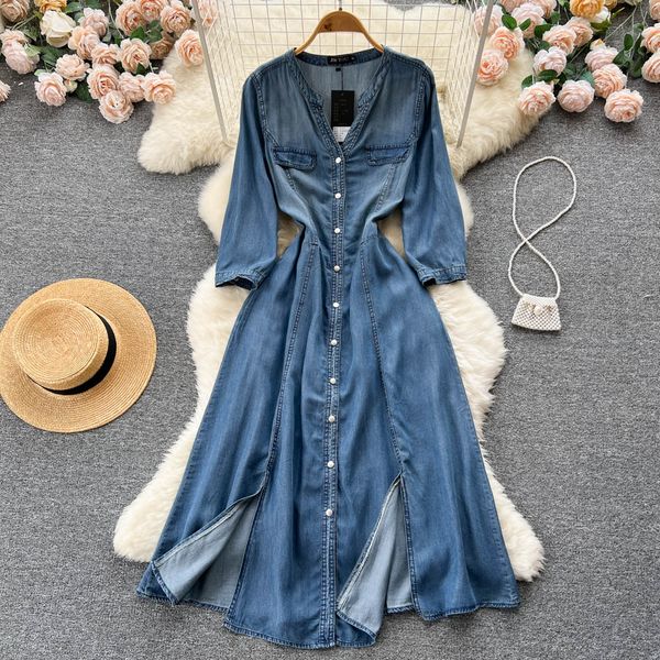 

new casual summer solid slim full lady dress a line v neck button chiffon pullover mid-calf high waist women dresses 2023, Black;gray