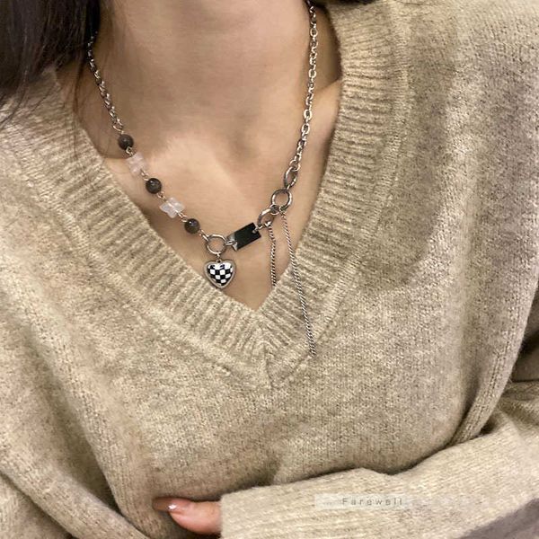 

love checkerboard necklace advanced ins hip hop cool wind niche design fashion girl, Silver