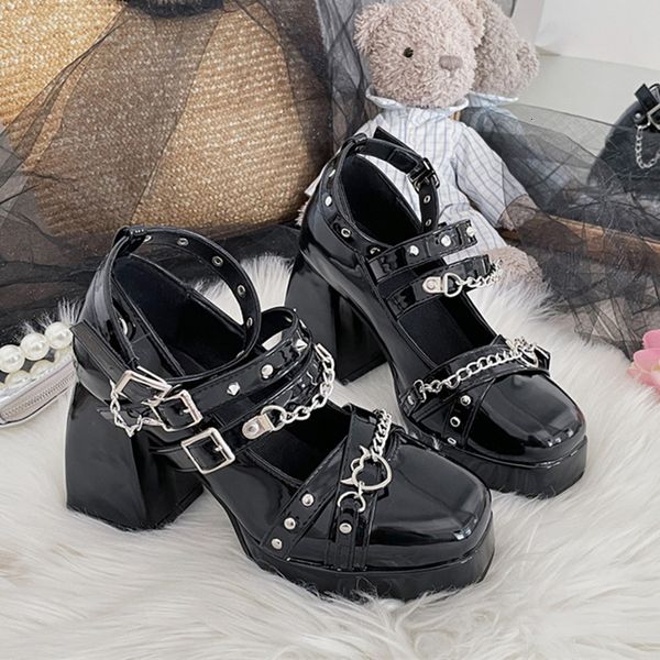 

dress shoes punk rivets metal chain chunky platform pumps women y2k patent leather square toe mary jane shoes woman high heels lolita shoes, Black