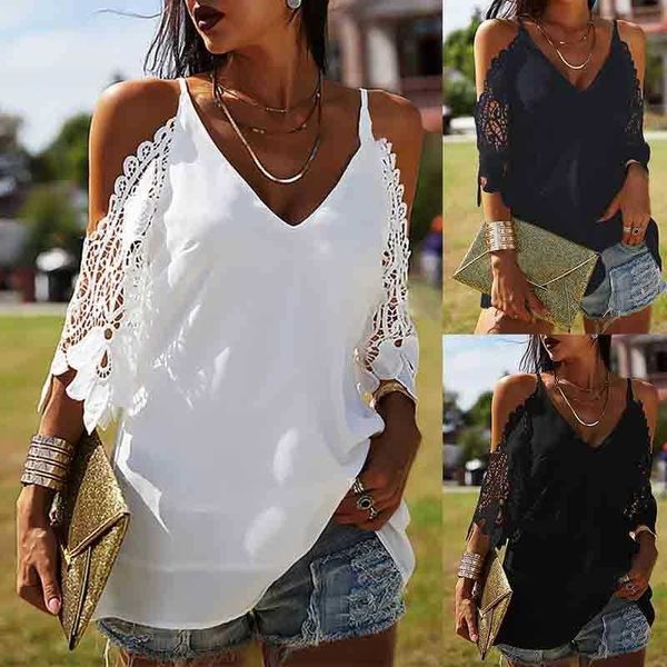 

spring and shirt summer womens v neck solid color sling loose fitting casual t, White
