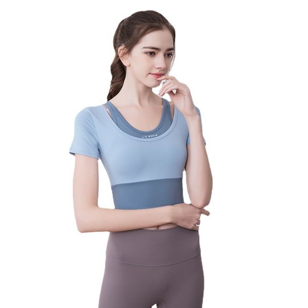 

lightweight crop slim fit stretchy workout shirts for women short sleeve with chest pad fake two running sports t-shirt fitness training cl