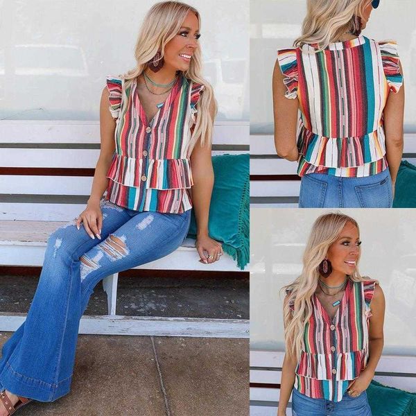 

summer womens printed sleeveless cardigan ruffled casual shirt, White