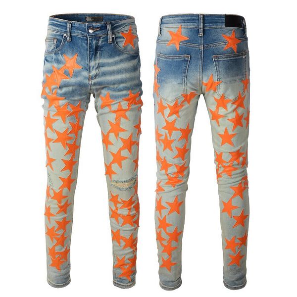 

mens jeans for guys rip slim fit skinny man pants orange star patches wearing biker denim stretch cult stretch motorcycle trendy long straig, Blue