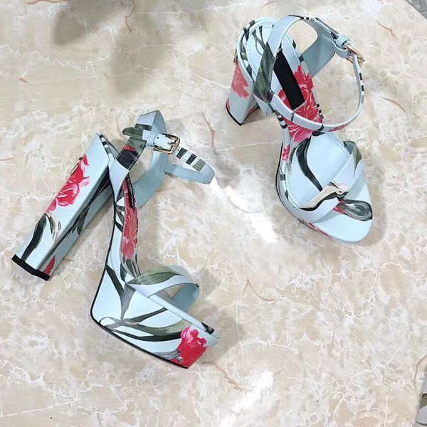 

high heel sandals fashion printing leather platform ankle wrap stage show luxury designer women dress shoe 15cm chunky heel factory shoes, Black