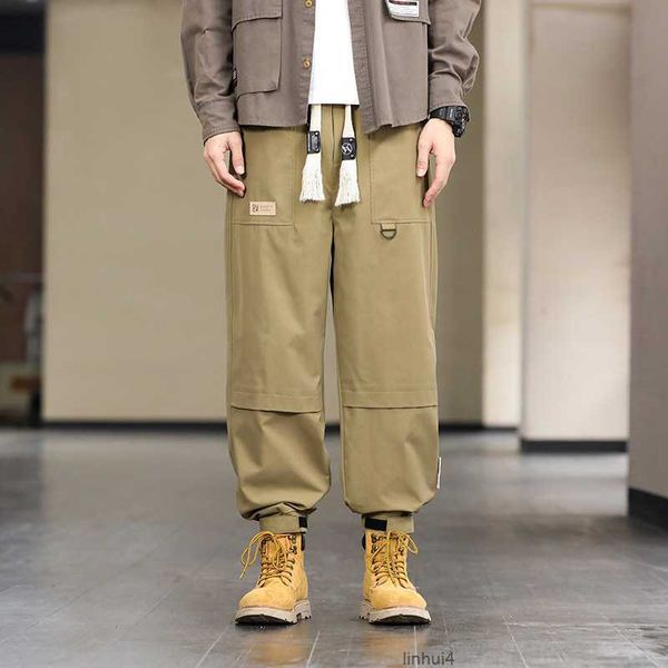 

new overalls men's spring and autumn thi plaid pants fashion multi-pocket trousers casual straight leg pants d3hj, Black
