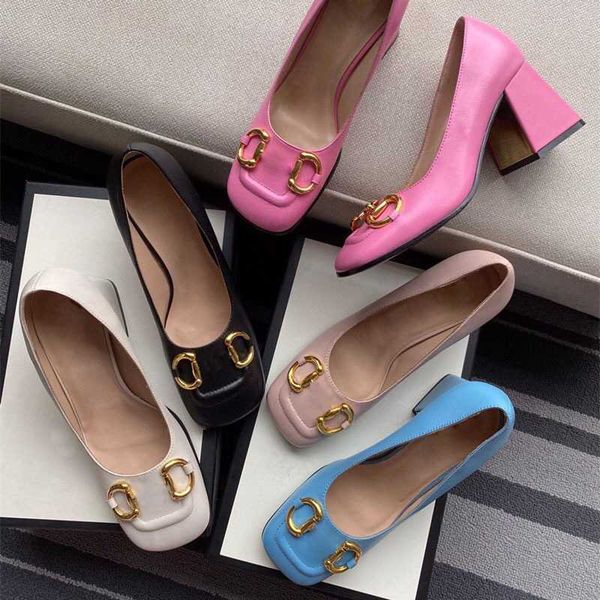 

shoes spring and summer 2023 stars' same style buckle shallow square head leather medium high heel metal chain sandals, Black