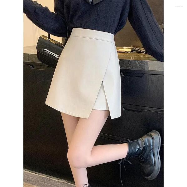 

skirts slim faux leather skirt women high waist lady pu y2k harajuku mini female casual line plus size chic side split, Black