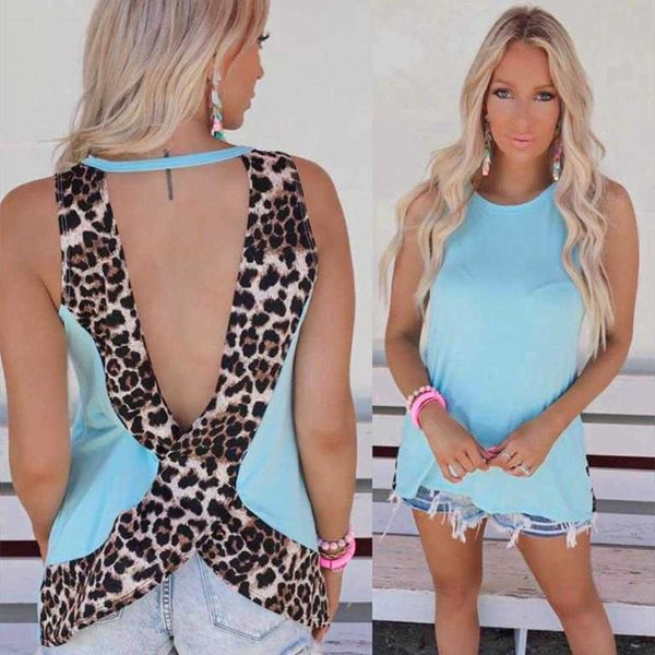 

leopard splicing printed sleeveless backless t shirt womens, White