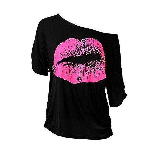 

lip printings short sleeved t shirt womens off shoulder irregular sleeve length, White