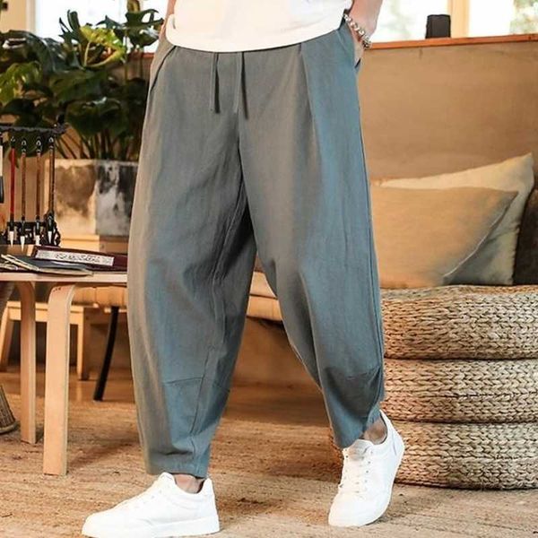 

men's pants new men's cotton linen trousers men's summer loose breathable solid color linen pants fitness streetwear plus siz, Black