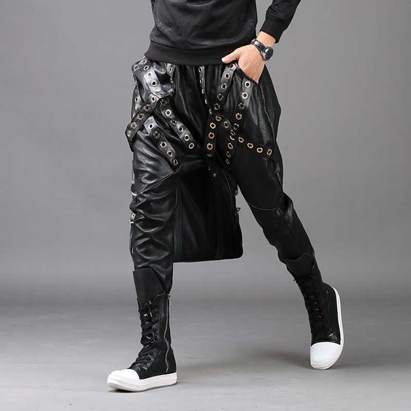 

men's pants men's fashion black joggers tight youth harem pants men slim korean motorcycle leather pants pu autumn winter rivets t