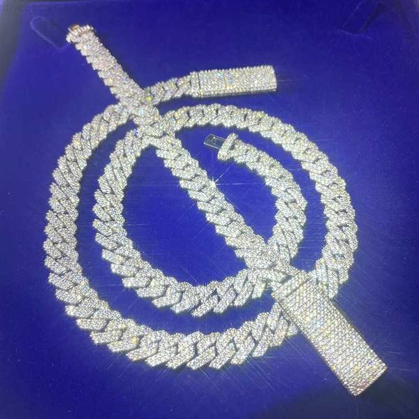 

designer jewelry variety sizes 10-20mm wide 2rows iced out 925 silver necklace set d/vvs moissanite diamond cuban link chain