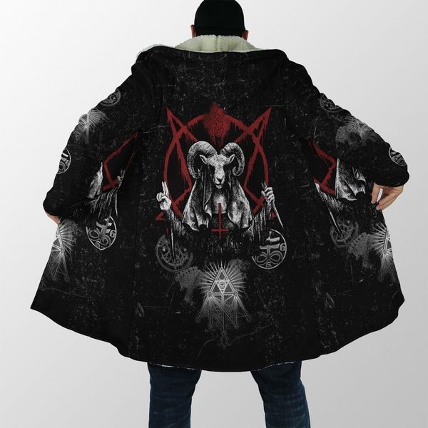 

men's wool blends winter mens hooded cloak dark satanic skull tattoo 3d printing fleece wind breaker casual warm hood pf05 230225, Black