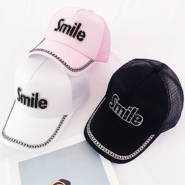 

ball caps diamond letters smile casual adjustable baseball cap rhinestone bright silk hollow breathable women spring summer mesh sun hatj230, Blue;gray