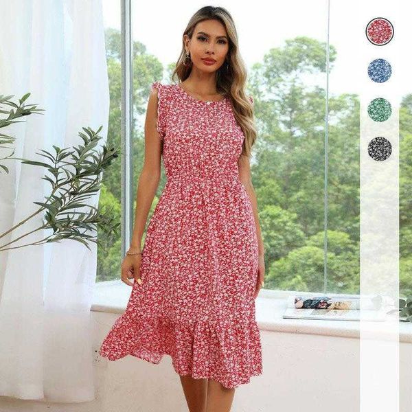 

summer vacation floral skirt sleeveless printed slim dress, Black;gray