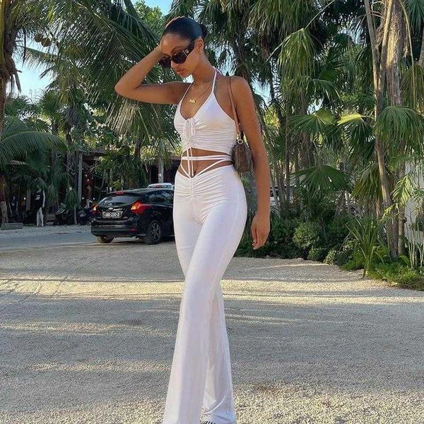 

ins style womens lace pant up halterneck midriff baring pleated bootcut, White