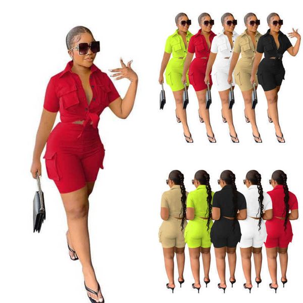 

casual designer women clothing tracksuits new urban style shirt short sleeve pocket shorts two piece set, Gray