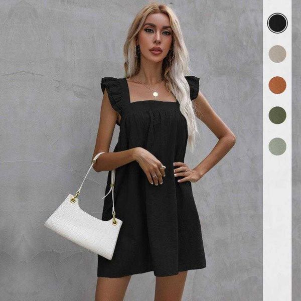 

summer suspender dress loose lotus leaf solid color cotton and linen, Black;gray