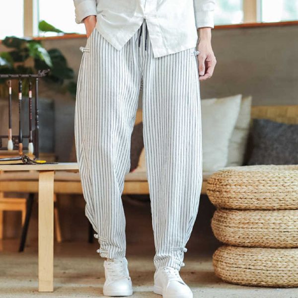 

men's pants 2022 men's striped loose harem pants chinese style tang suit plate buckle casual pants street trend large size sports, Black