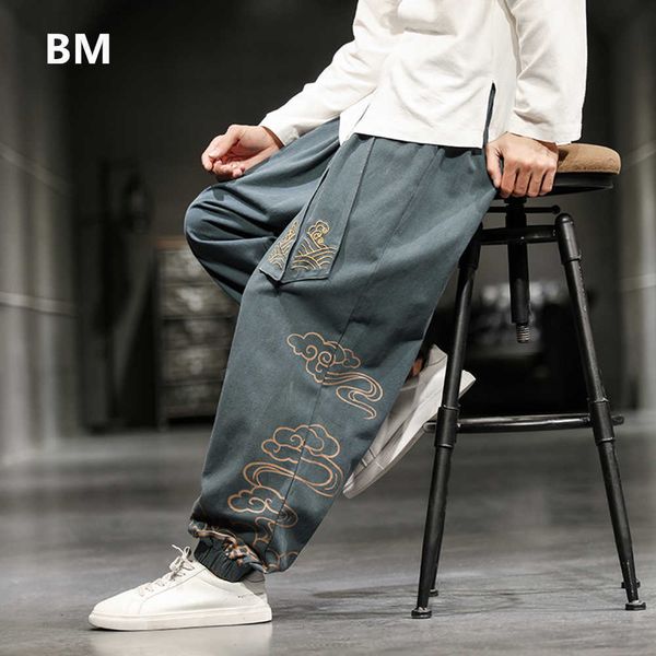 

men's pants chinese style retro auspicious clouds print pants men clothing autumn fashion clothes loose casual pants plus size harem pa, Black