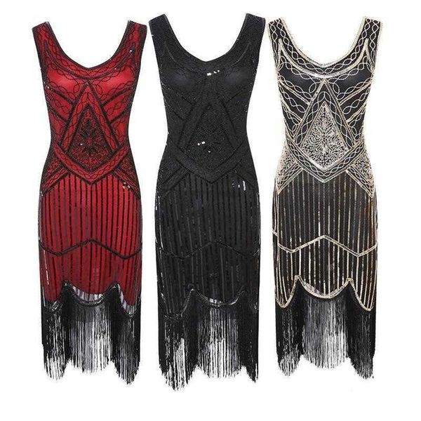 

1920 vintage sequined tassel dress beaded formal high end banquet, White;black